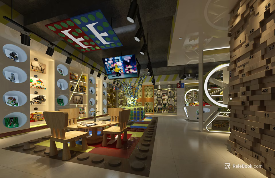 Shopping Mall Kids Store With LEGO Themed Decor Colorful Toy Shelves And Wooden Play Area 3d model 