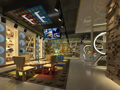 Shopping Mall Kids Store With LEGO Themed Decor Colorful Toy Shelves And Wooden Play Area 3d model