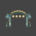 Steampunk Archway Structure With Blue Gold Pipes And Circular Decorative Plates