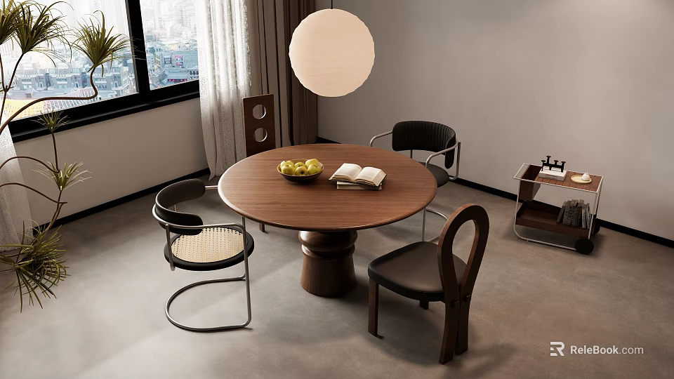 Modern Round Wooden Dining Table With Three Chairs Fruit Bowl Open Book And Pendant Light 3d model 