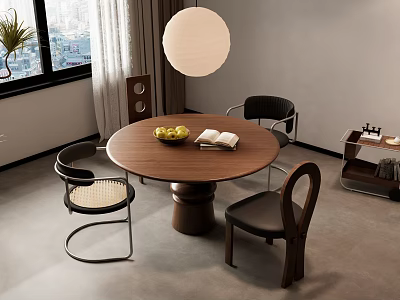 Modern Round Wooden Dining Table With Three Chairs Fruit Bowl Open Book And Pendant Light 3d model