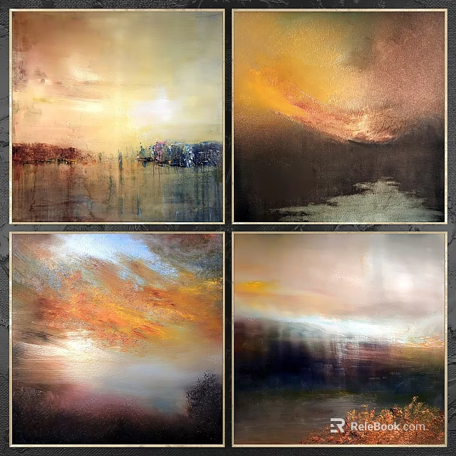 Four Abstract Landscape Artworks Framed In Modern Wall Decor For Home Interior 3d model 