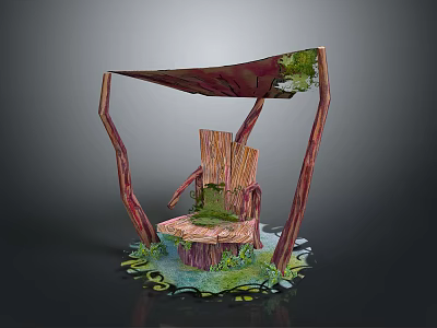 Natural Style Wooden Chair With Branch Like Frames And Moss Decorated Seat 3d model