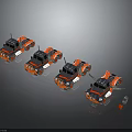 Four Red And Black Off Road Model Cars Arranged In A Row With Equipment