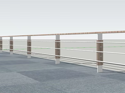 Outdoor Railing Design with Wooden Posts and Metal Rails on Gray Tiled Floor 3d model