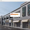 Modern Commercial Street With Storefronts Glass Facade Awning And Signages