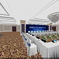Large Conference Hall Setup With Long Tables White Chairs And Digital Screens