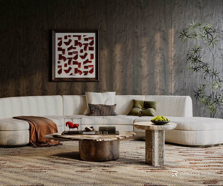 Modern Beige Fabric Sofa Coffee Table Set With Decorative Pillows Marble Top And Woven Rug 3d model 