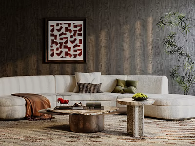 Modern Beige Fabric Sofa Coffee Table Set With Decorative Pillows Marble Top And Woven Rug 3d model
