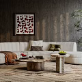 Modern Beige Fabric Sofa Coffee Table Set With Decorative Pillows Marble Top And Woven Rug