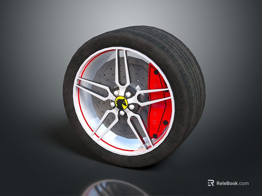 High Performance Automotive Tire With Silver Alloy Wheel Rim And Red Brake Calipers 3d model 
