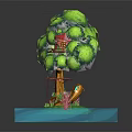 Treehouse Structure With Lush Green Leaves Red Cottage Wooden Ladder On Tree Trunk And Water Platform