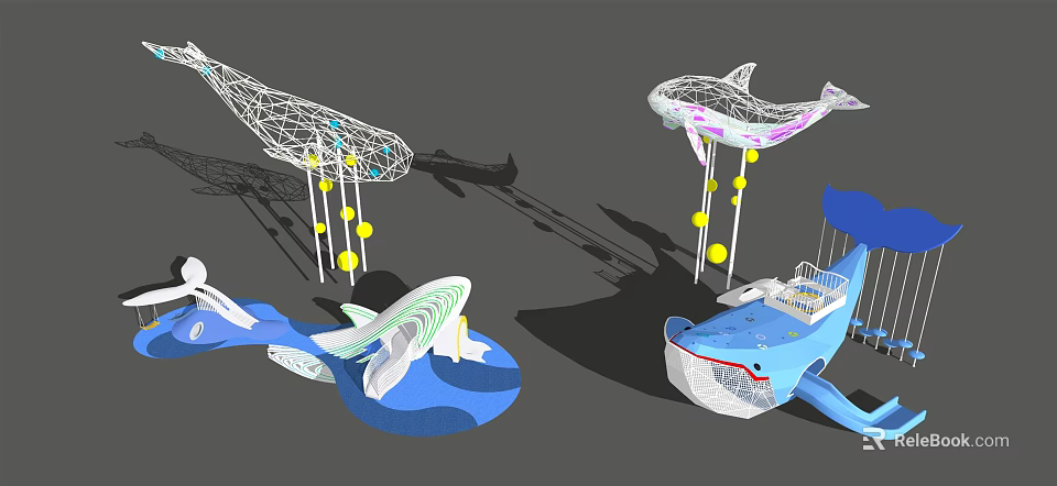 Whale Shaped Playground Equipment Featuring Net Structures Colorful Balls and Slide 3d model