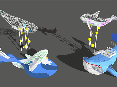 Whale Shaped Playground Equipment Featuring Net Structures Colorful Balls and Slide 3d model