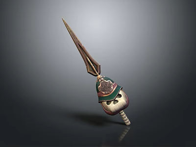 Decorative Metal Spear With Sharp Blade Green Gold Accents Helmet Shaped Head And Wooden Handle 3d model