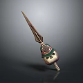 Decorative Metal Spear With Sharp Blade Green Gold Accents Helmet Shaped Head And Wooden Handle