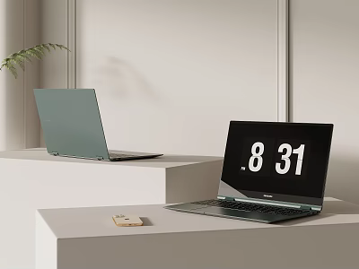 Modern Light Green Laptops With Open Screen Showing Time 8 31 In Minimalist Setup 3d model