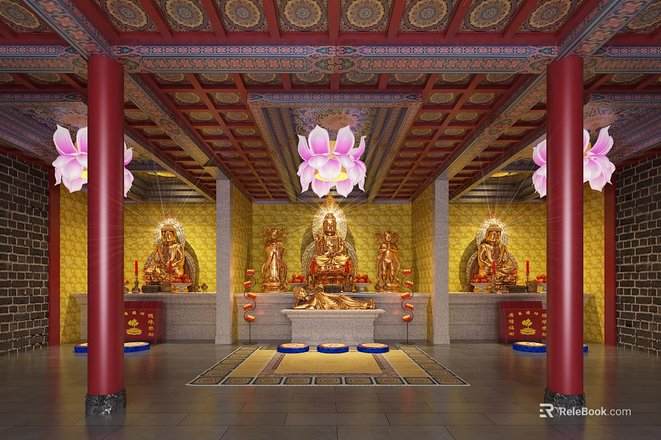 Buddhist Temple Interior With Red Pillars Golden Statues And Decorated Ceiling 3d model