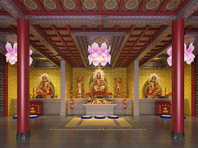 Buddhist Temple Interior With Red Pillars Golden Statues And Decorated Ceiling 3d model