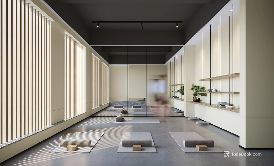 Minimalist Yoga Studio Spacious Layout With Yoga Mats Blocks Natural Light And Plants 3d model 