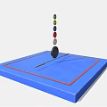 Sports Training Equipment With Blue Square Mat Long Pole Black Disc And Stacked Colored Balls
