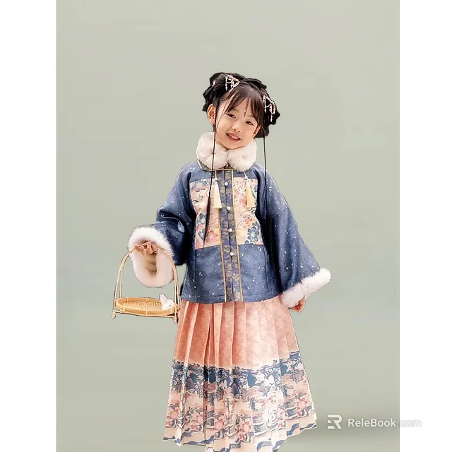 Little Girl Wearing Traditional Blue Coat with Floral Patterns Pink Skirt Fur Trim and Basket 3d model 