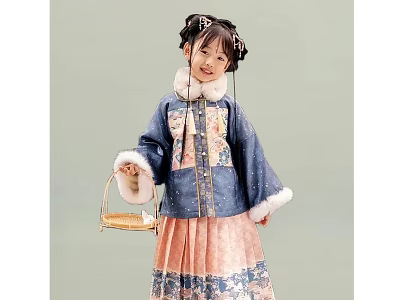 Little Girl Wearing Traditional Blue Coat with Floral Patterns Pink Skirt Fur Trim and Basket 3d model