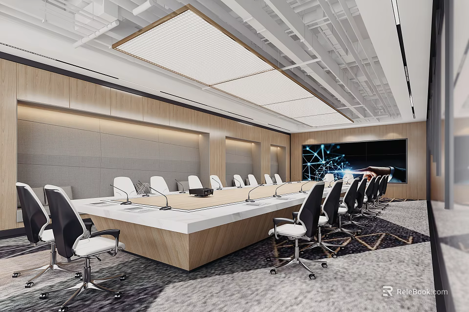 Modern Conference Room Interior With Long Table White Office Chairs And Large Display Screen 3d model 