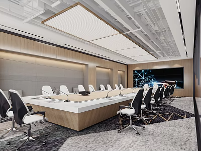Modern Conference Room Interior With Long Table White Office Chairs And Large Display Screen 3d model