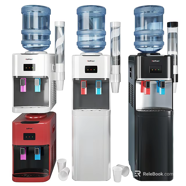 Stylish Modern Water Dispensers In Red White Black With Blue Water Bottles 3d model 