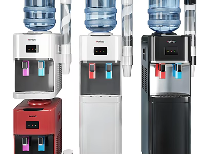 Stylish Modern Water Dispensers In Red White Black With Blue Water Bottles 3d model