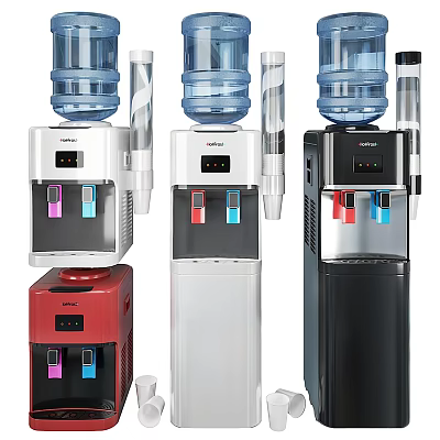 Stylish Modern Water Dispensers In Red White Black With Blue Water Bottles 3d model