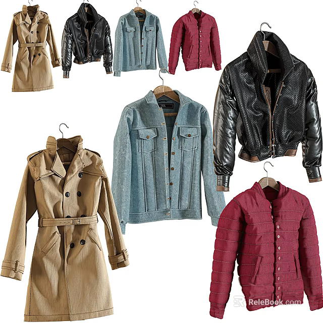 Stylish Clothing Collection Featuring Trench Coat Denim Jacket Leather And Red Coats 3d model 