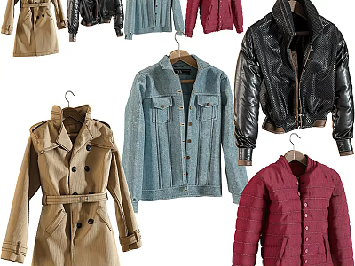 Stylish Clothing Collection Featuring Trench Coat Denim Jacket Leather And Red Coats 3d model