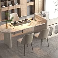Elegant Modern Tea Table and Chairs with Marble Top Beige Upholstered Seats Tea Set Tray