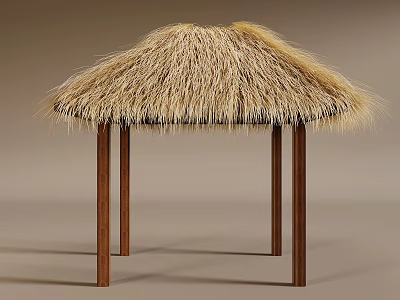 Straw Thatched Outdoor Canopy with Wooden Pillars for Natural Shade in Garden 3d model