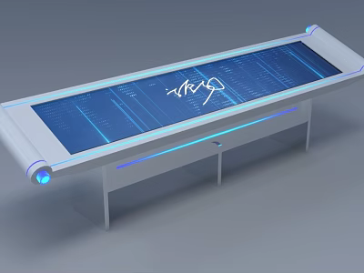 Modern Public Information Facility With Blue Illuminated Digital Screen And Long Table Design 3d model