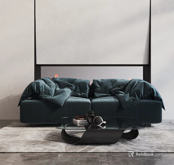Dark Green Velvet Double Sofa with Plush Cushions Glass Coffee Table and Modern Living Interior 3d model 