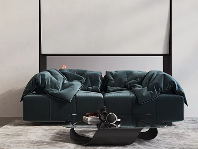 Dark Green Velvet Double Sofa with Plush Cushions Glass Coffee Table and Modern Living Interior 3d model