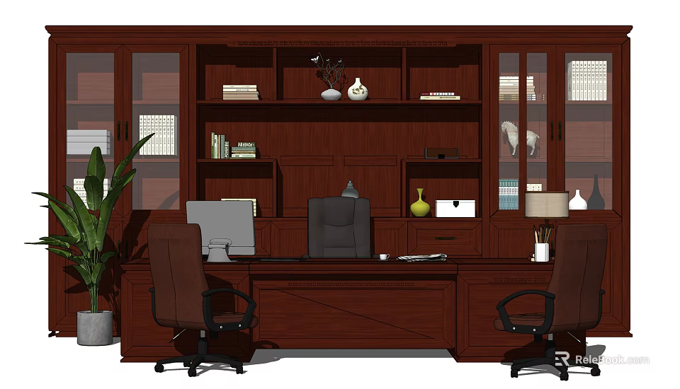 Dark Wooden Office Desk With Bookcase Office Chairs Computer Monitor And Potted Plant 3d model 