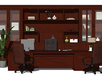 Dark Wooden Office Desk With Bookcase Office Chairs Computer Monitor And Potted Plant 3d model