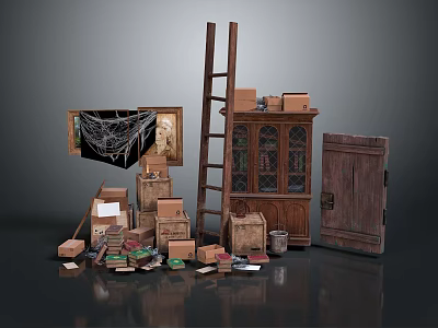 Vintage Furniture Collection With Wooden Cabinet Old Door Ladder Boxes Frame And Spider Web 3d model