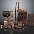 Vintage Furniture Collection With Wooden Cabinet Old Door Ladder Boxes Frame And Spider Web