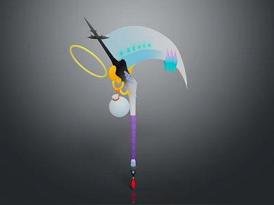 Artistic Ornament With Purple Pole Sickle Arc Airplane Yellow Ring And White Ball 3d model