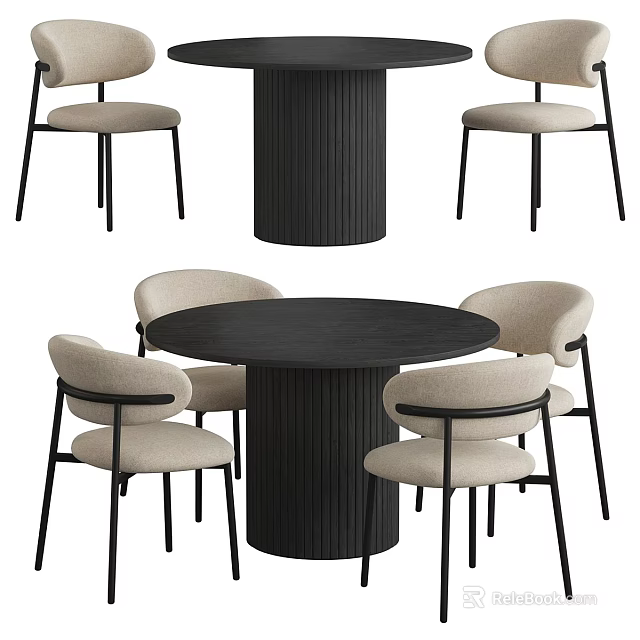 Modern Round Black Dining Table Set With Beige Upholstered Chairs 3d model