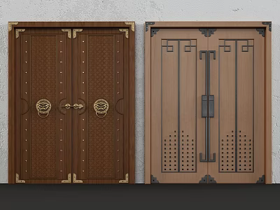 Traditional Chinese Wooden Double Doors With Golden Decorations And Geometric Patterns 3d model