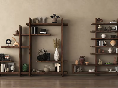 Wooden Shelving Unit With Decorative Items Books Vases And Plants For Home Interior 3d model