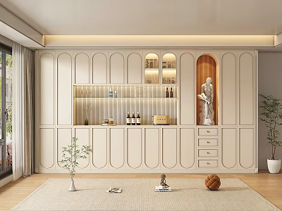 Modern Living Room Built in Wine Cabinet With Glass Doors And Decorative Items 3d model