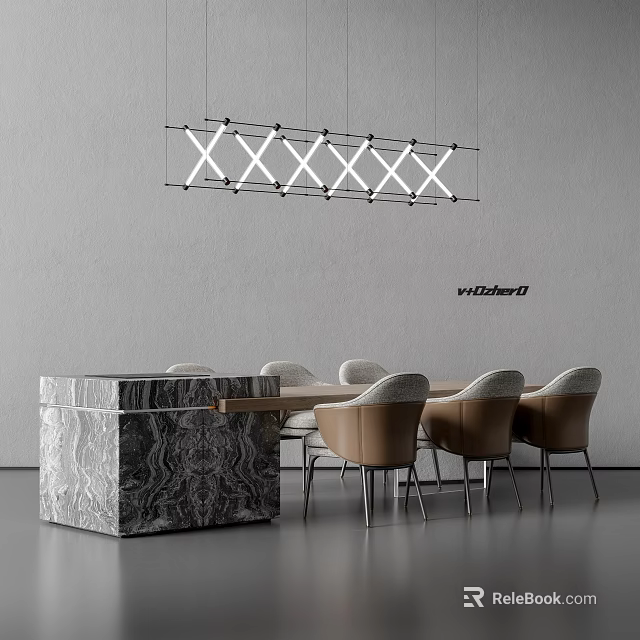 Modern Dining Table And Chairs Set With Marble Top And Hanging Light Against Gray Wall 3d model 