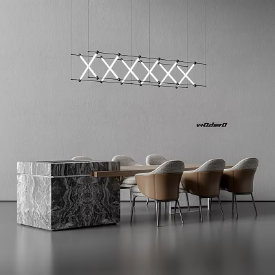 Modern Dining Table And Chairs Set With Marble Top And Hanging Light Against Gray Wall 3d model